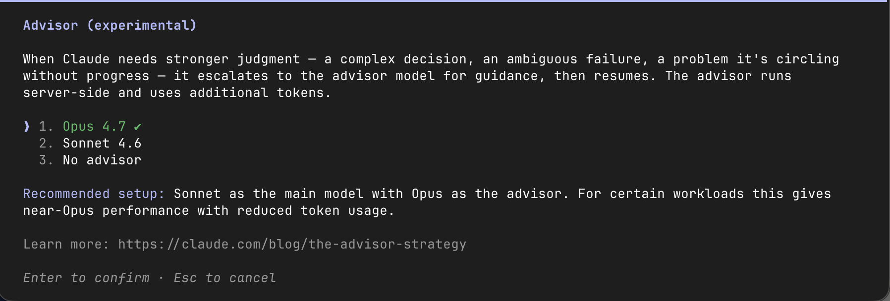 Advisor configuration dialog showing options: Opus 4.7 (selected), Sonnet 4.6, No advisor. Recommended setup: Sonnet as main model with Opus as advisor.
